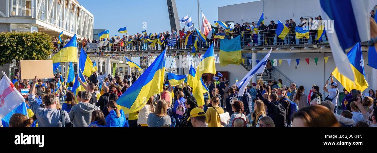 LIMASSOL, CYPRUS - MARCH 5, 2022: Anti-war protest in solidarity with Ukraine against the Russian invasion Stock Photo