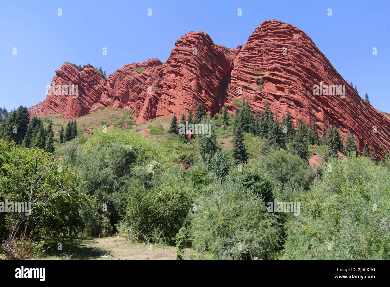 Rock formation Seven Bulls, Jety Oguz Valley, Terskej Alatoo Mountains, Kyrgyzstan Stock Photo