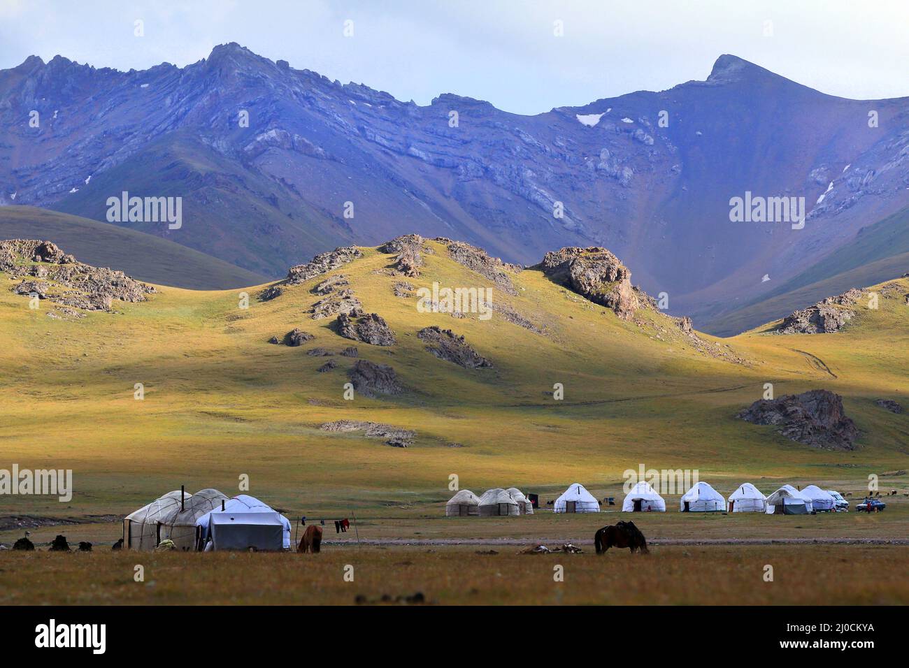 Yurt Camp at Song Kol Lake, Central Kyryzstan Stock Photo