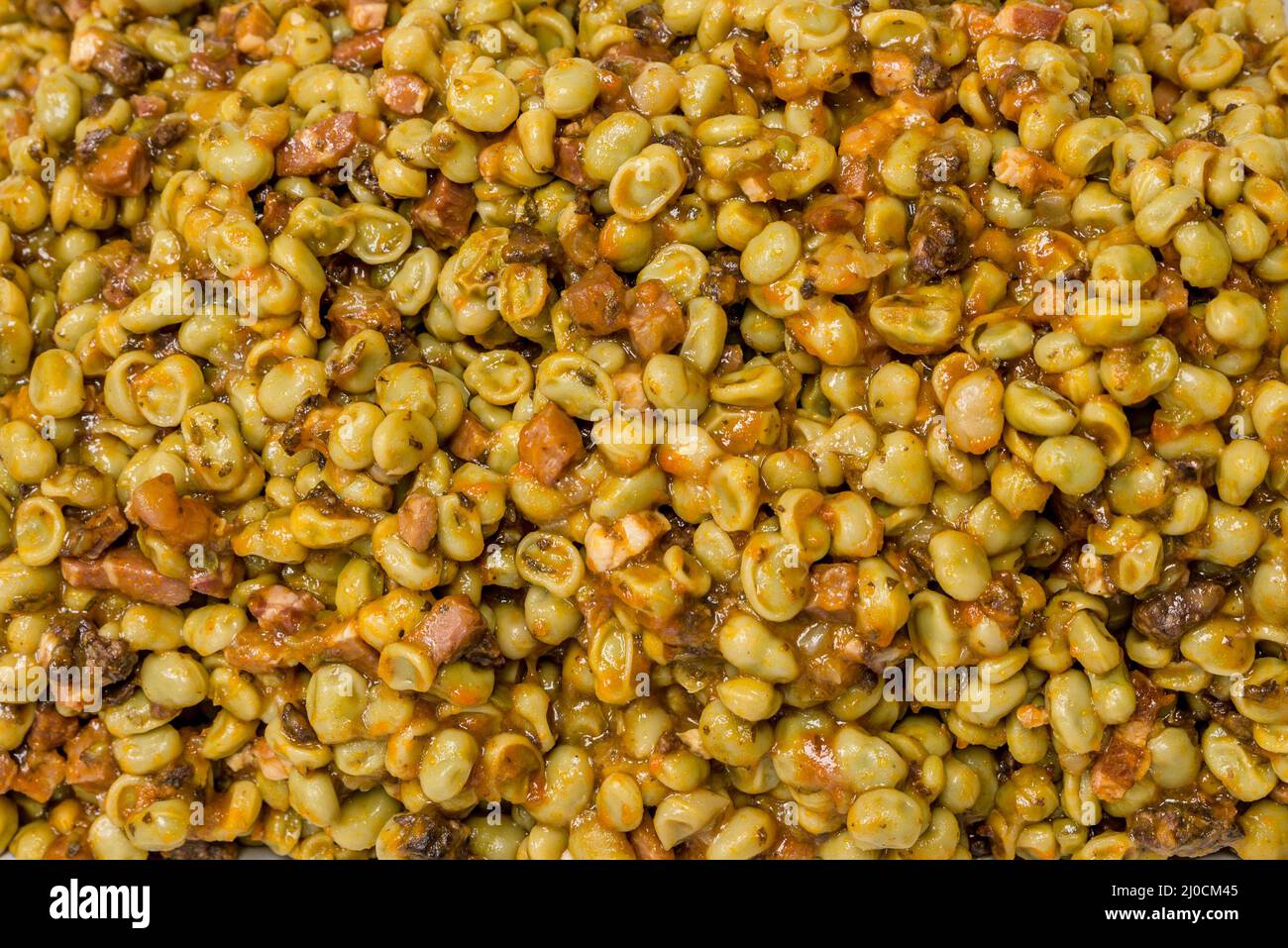 Top view of broad beans salad with some meat Stock Photo