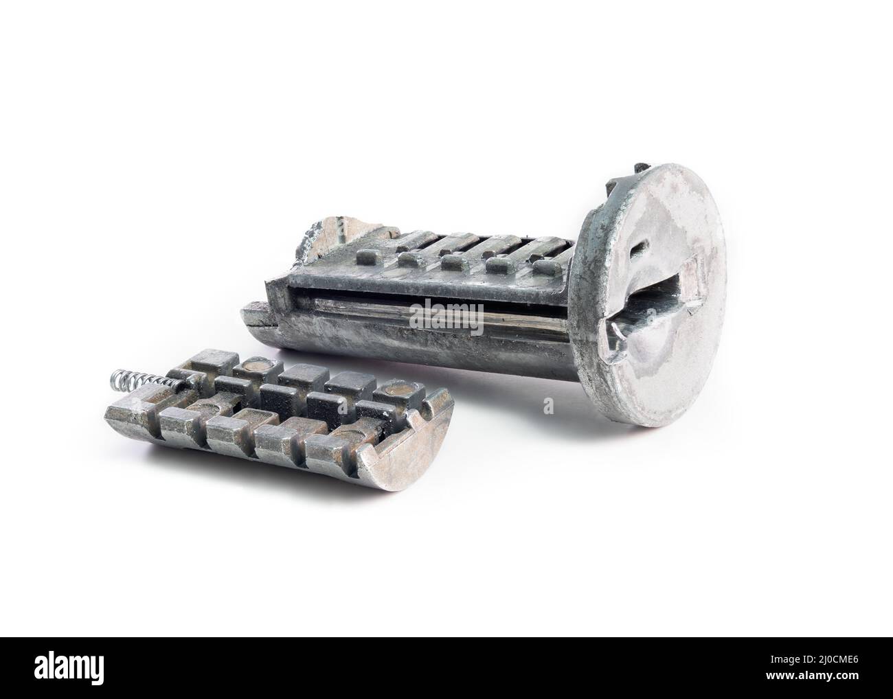 Broken cylinder of single door look with deadbolt, perspective view