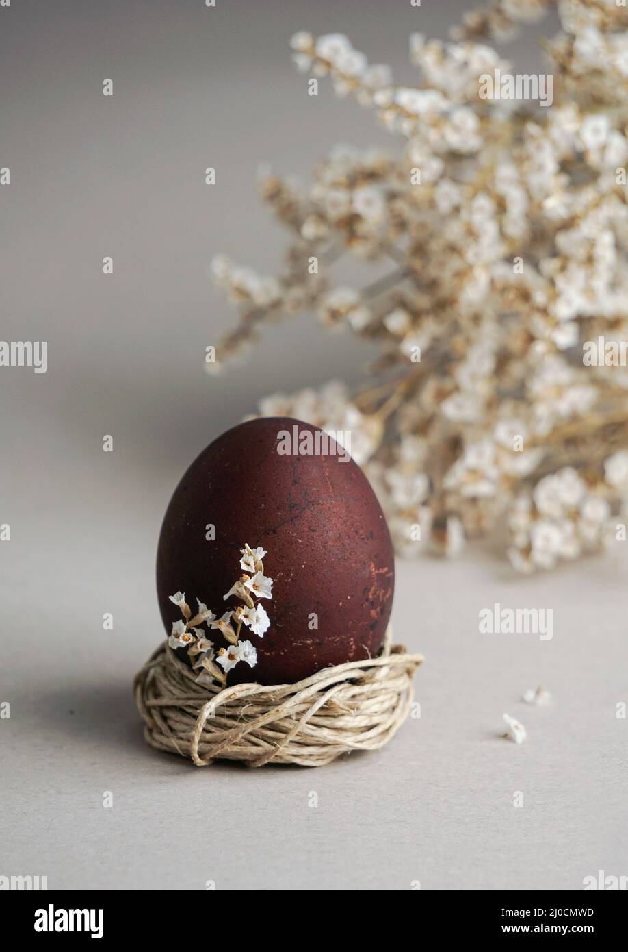 Easter egg wiyh flowers. Easter food composition and space for a text Stock Photo