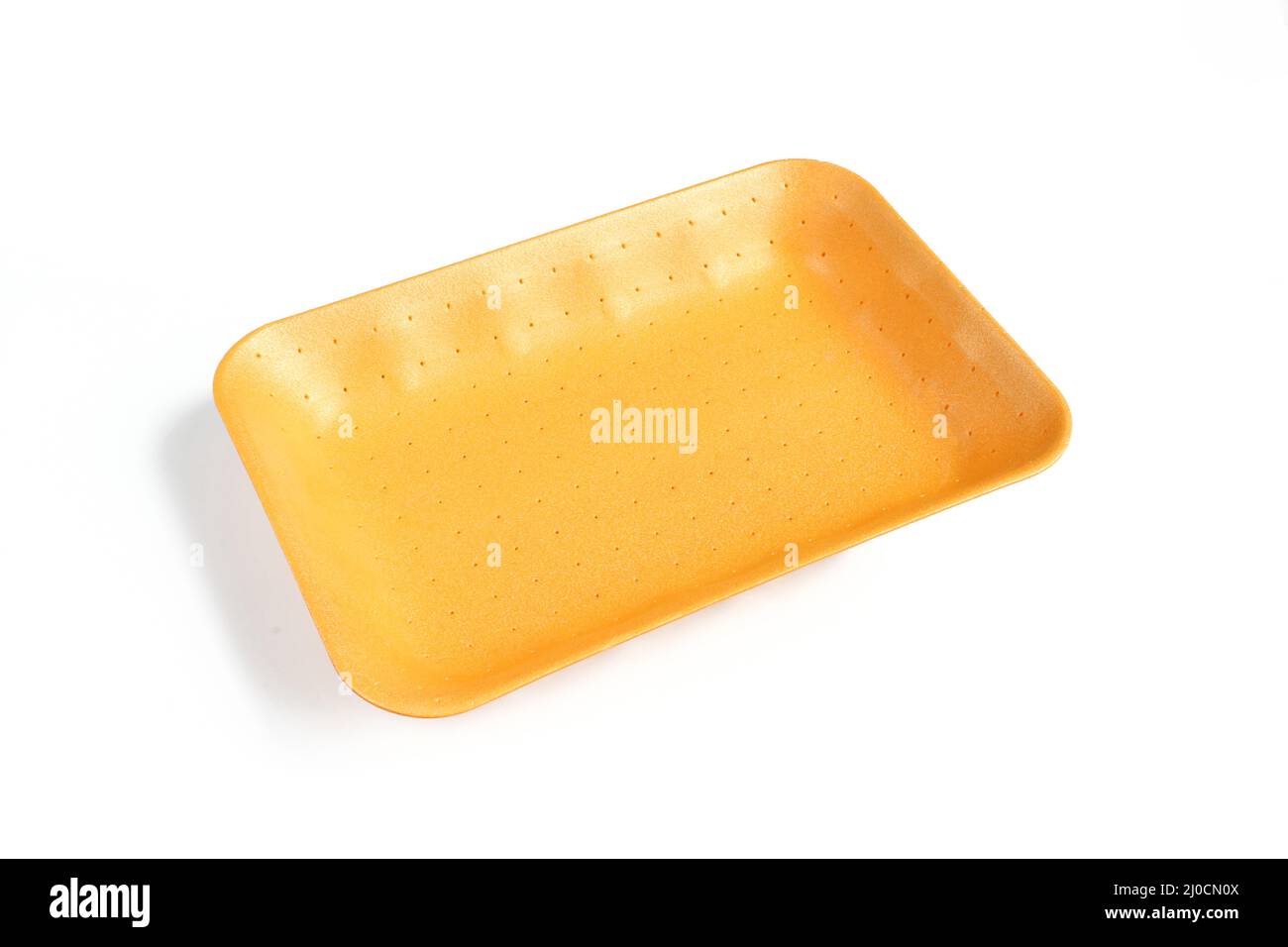 Empty orange styrofoam food packaging isolated on white background