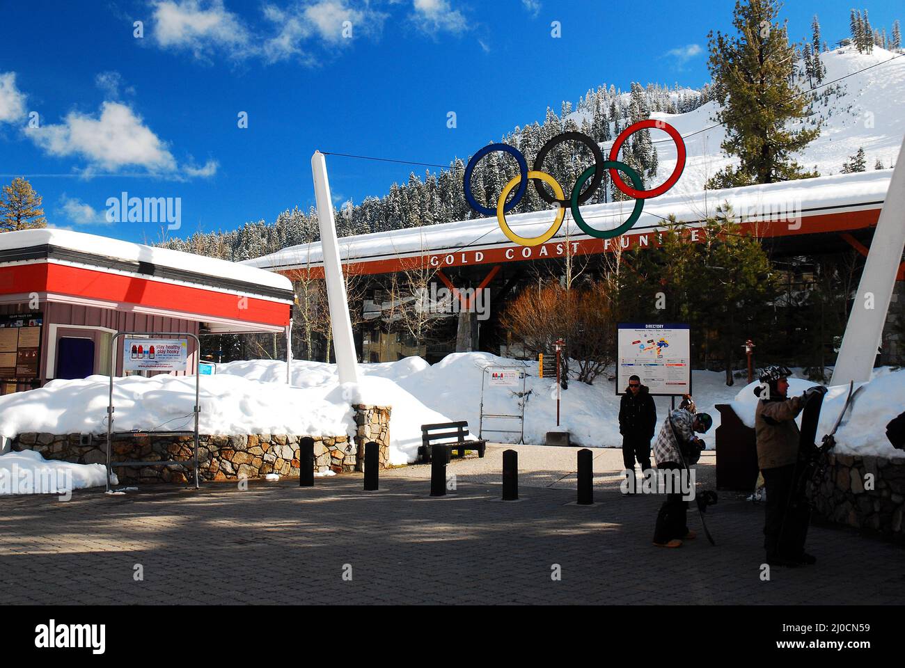 Olympic Rings hang over a ski village in Squaw Valley, California, home of the 1960 Games Stock Photo