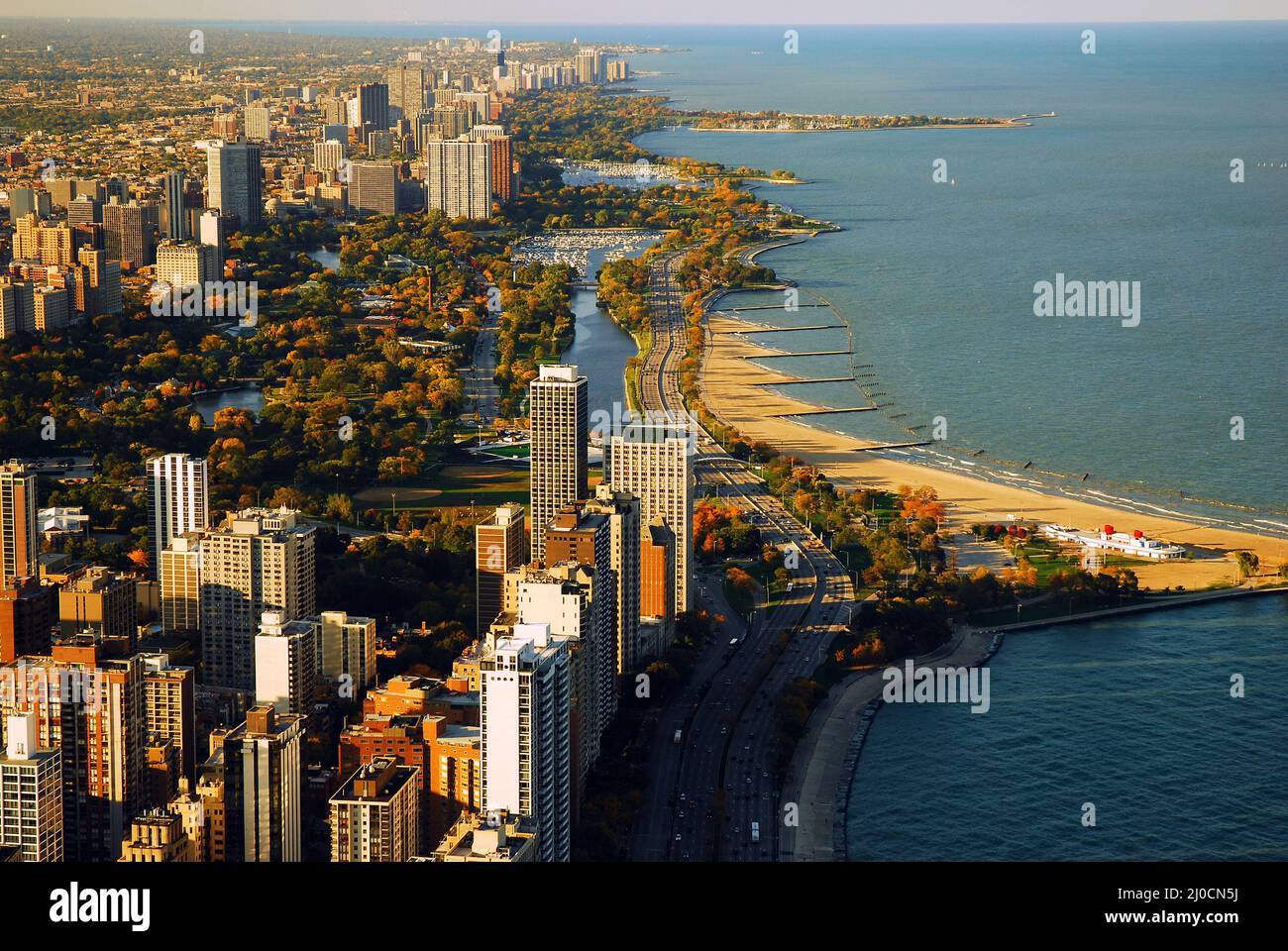 An aerial view of the Chicago skyline and lakeshore in autumn Stock ...