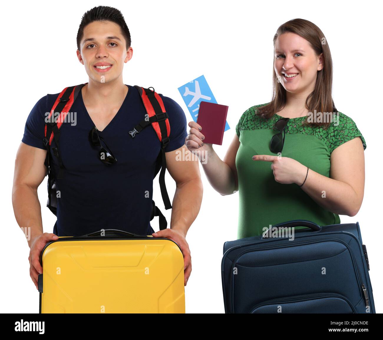 Young people with suitcase travel travel vacation flying clippings Stock Photo