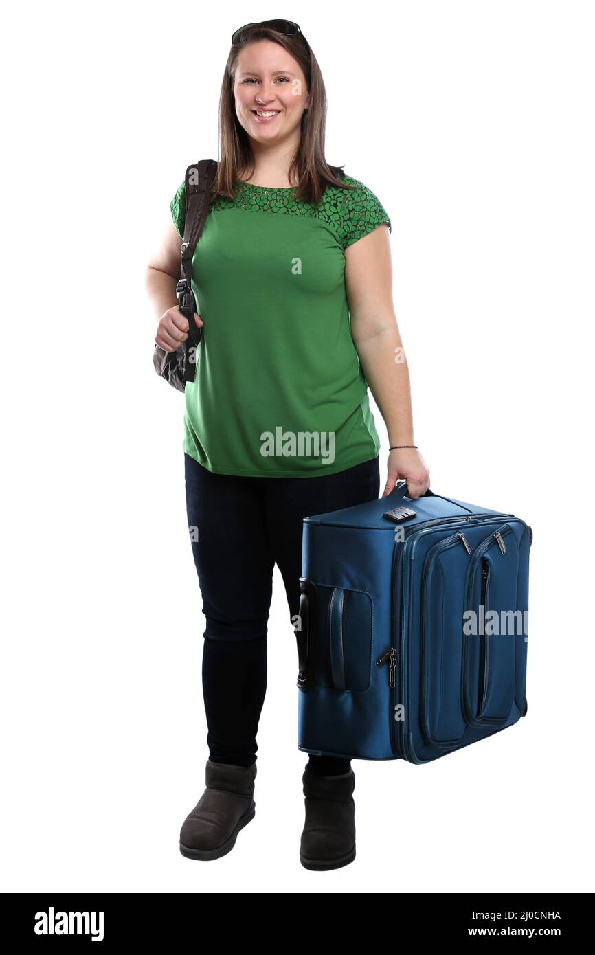 Young woman with suitcase travel traveling vacation young laughing clippings Stock Photo