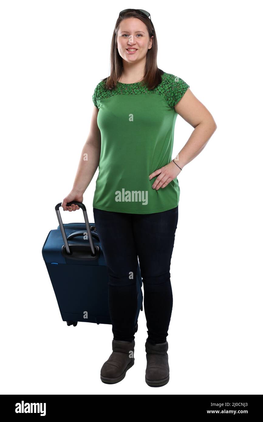 Vacation young woman with suitcase travel traveling young laughing exemplar Stock Photo
