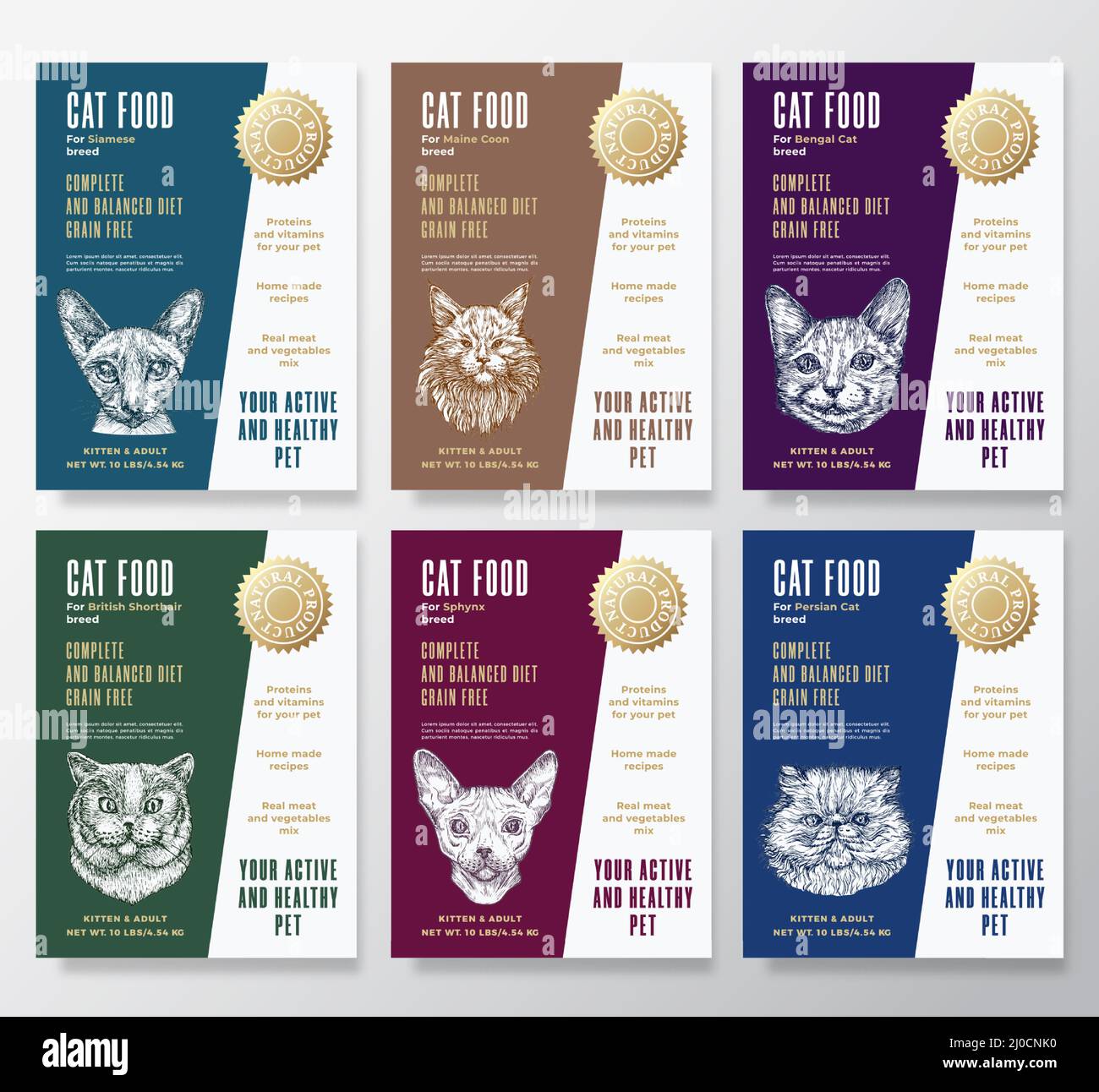 Pet Cat Food Label Templates Set. Abstract Vector Packaging Design