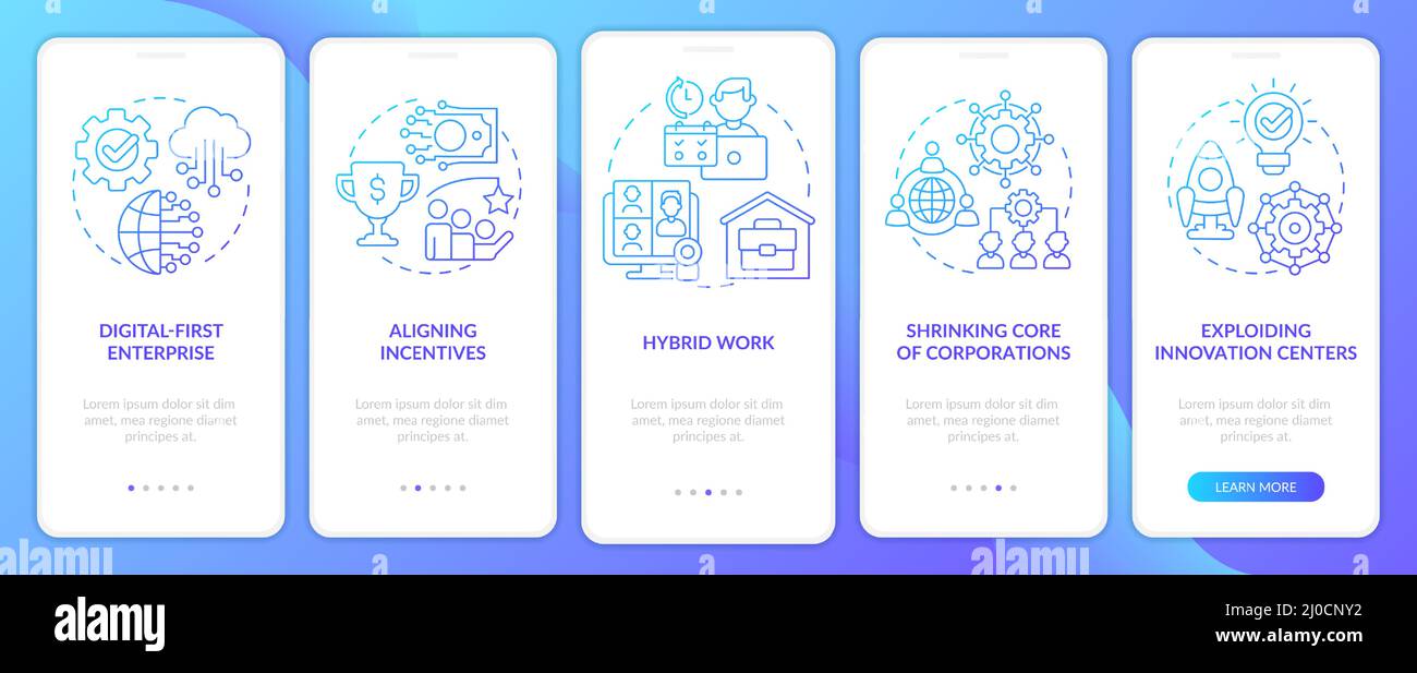 Trends in enterprise blue gradient onboarding mobile app screen Stock Vector