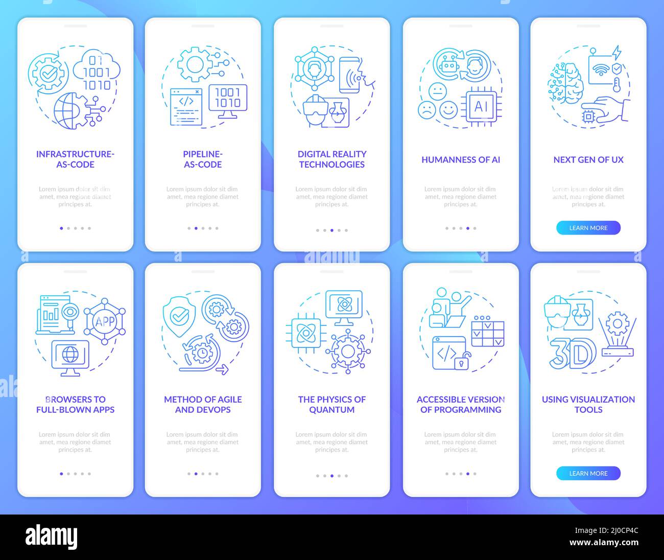 Macro trends blue gradient onboarding mobile app screen set Stock Vector
