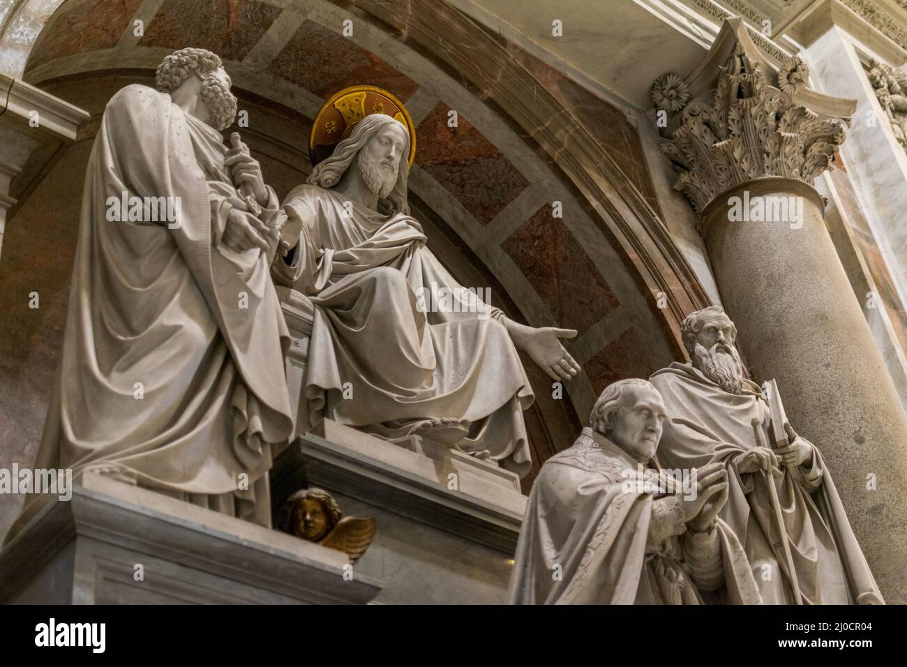 Sculptures Featuring Jesus, Saint Paul, Saint Peter and a Pope, St. Peter Basilica, Vatican, Italy Stock Photo