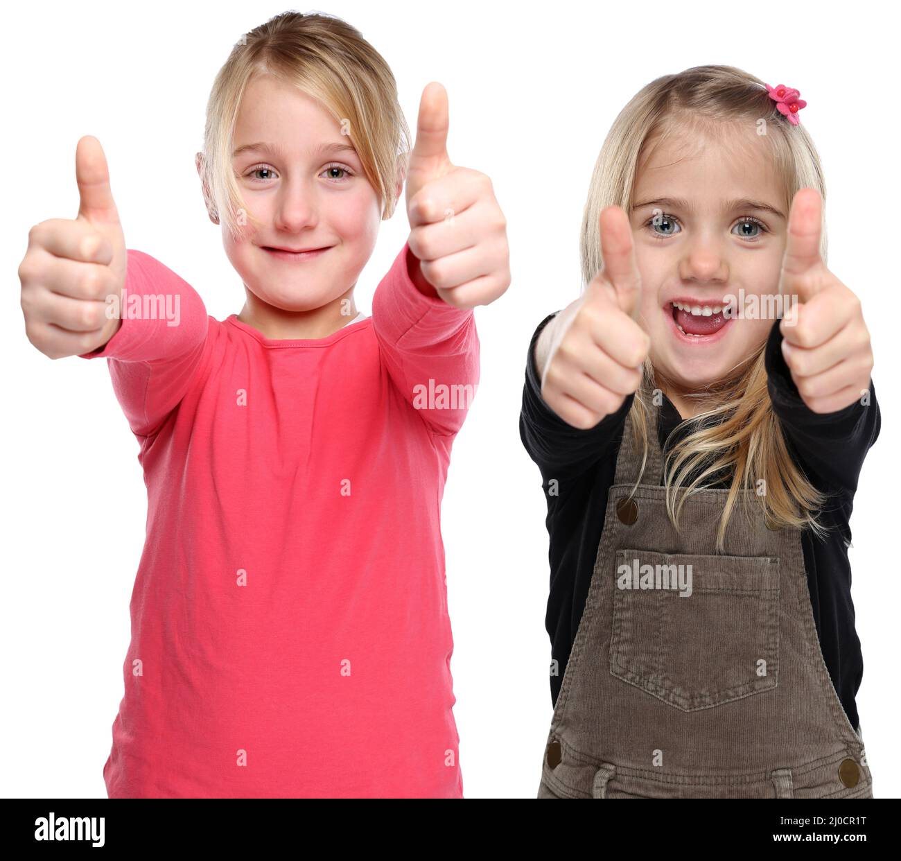 Girl children laughing happy thumbs up crop isolated Stock Photo - Alamy