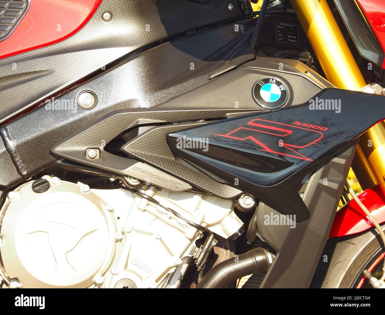 Macro of a red BMW S 1000 R motorcycle Stock Photo