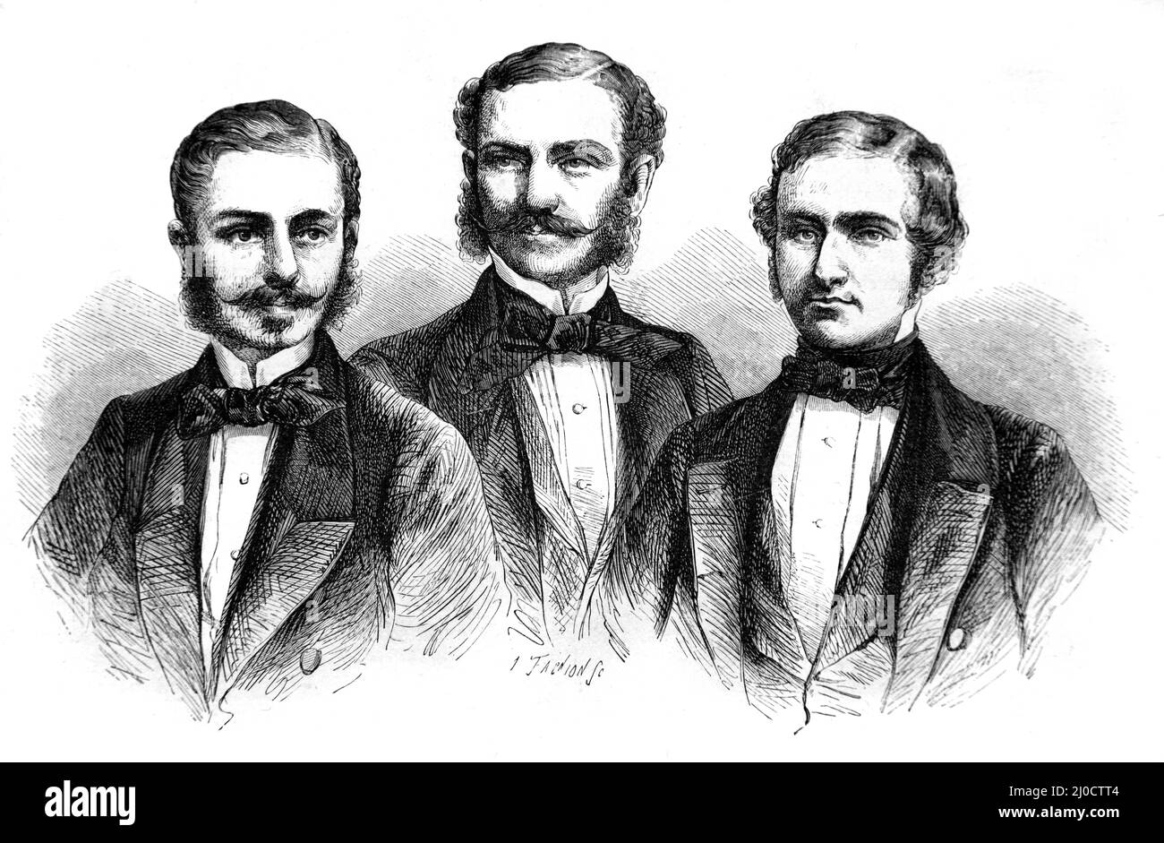 Portrait of the Three Schlagintweit Brothers, from left, Robert Schlagintweit (1833-1885), Hermann Schlagintweit (1826-1882) and Adolf von Schlagintweit ((1829-1857) German Explorers and Travellers in Central Asia. Vintage Illustration or Engraving 1860. Stock Photo