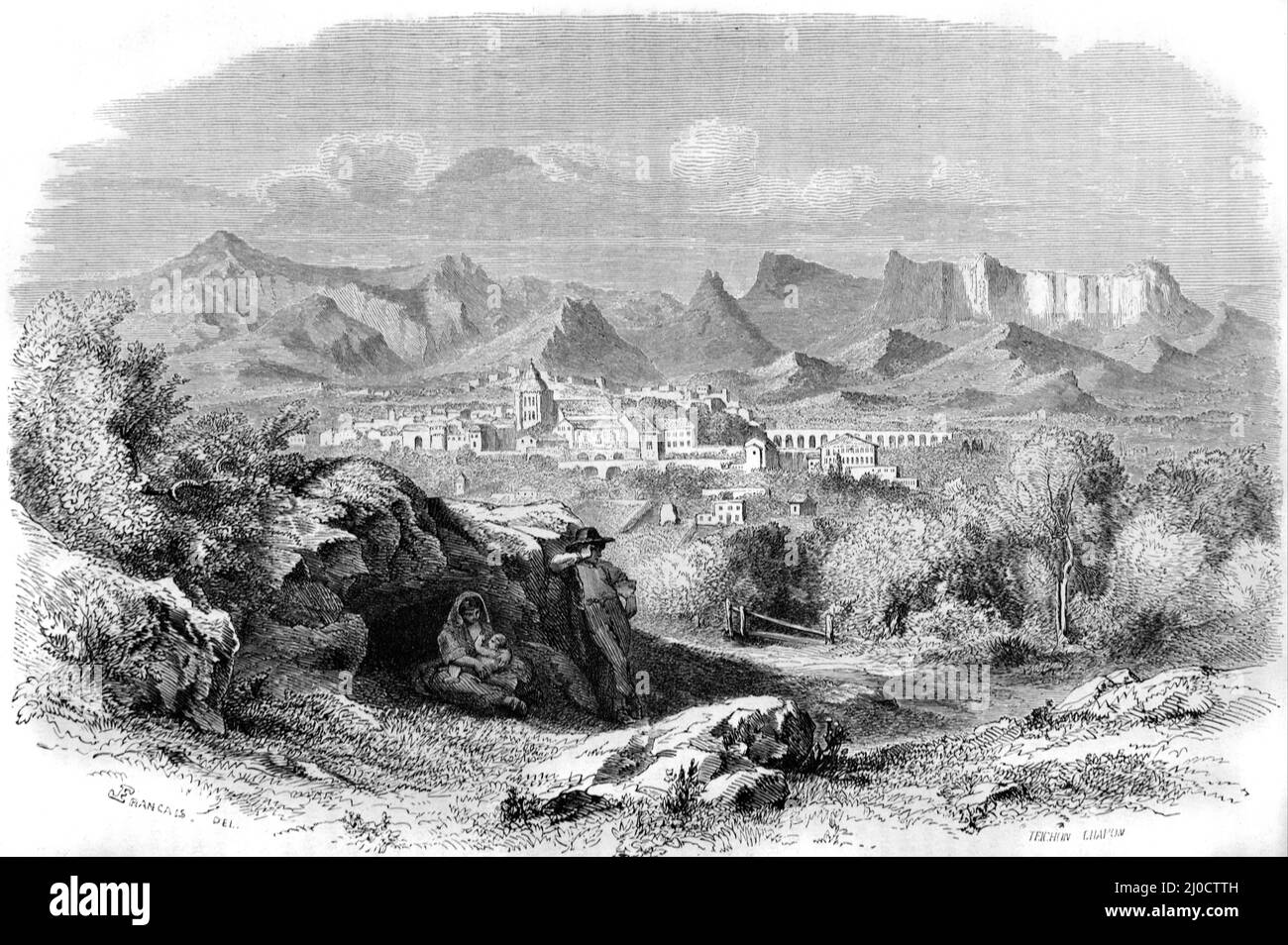 View of the Village of Die, the Roumeyer Valley and the Glandasse Mountain (2041m) in the Vercors Massif or Vercors Regional Park Drôme France. Vintage Illustration or Engraving 1860. Stock Photo