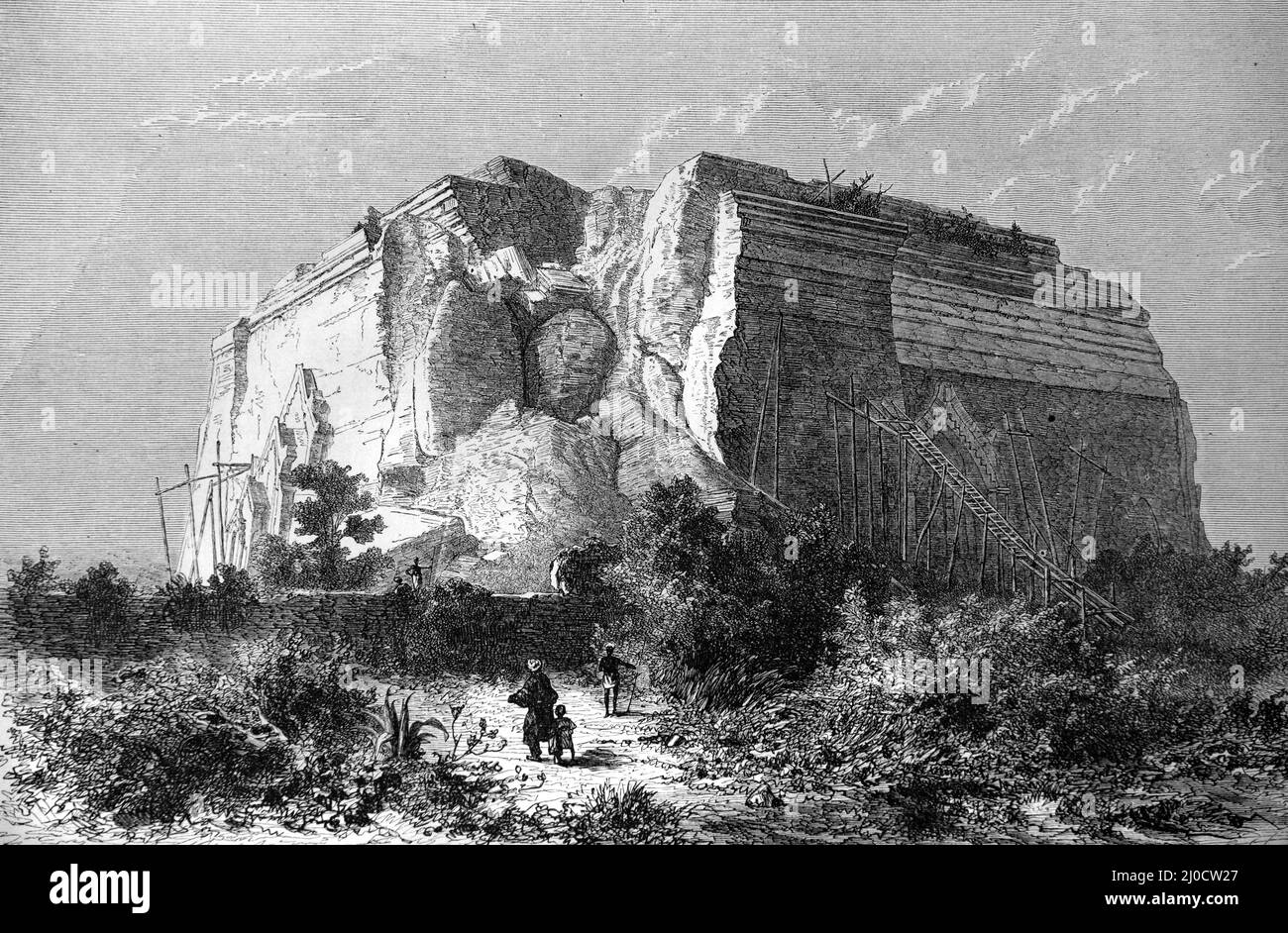 Mingun Pahtodawgyi (1790) or Ruined Mingun Temple Stupa, after being damaged by an earthquake in 1839, Sagaing Region, Burma or Central Myanmar. Vintage Illustration or Engraving 1860. Stock Photo
