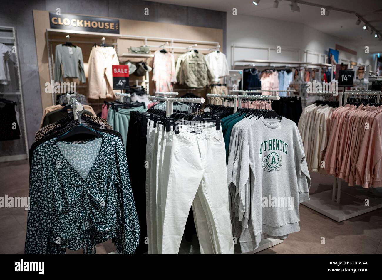 ILLUSTRATION - 02 March 2022, Berlin: Clothes hang youth department  Clockhouse in the clothing store C&A in a shopping center in  Berlin-Marzahn. Photo: Fabian Sommer/dpa Stock Photo - Alamy