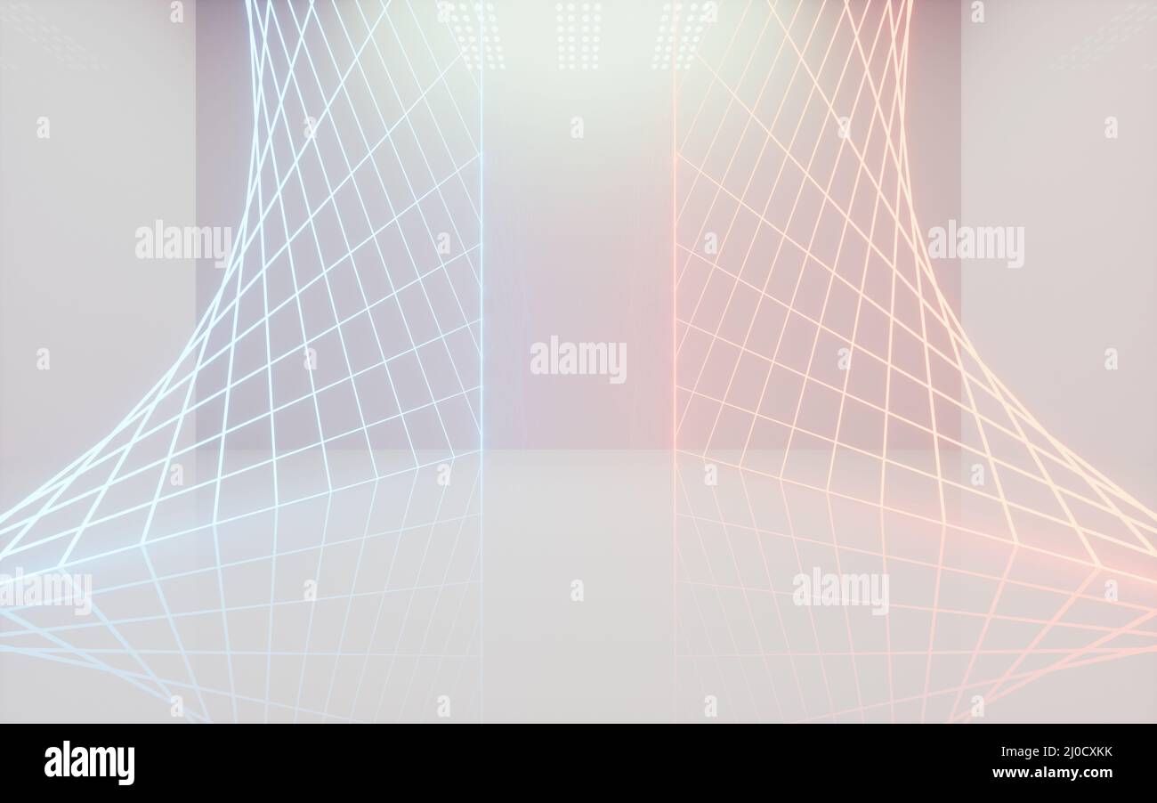 White empty room with glowing neon lines, 3d rendering. Computer ...