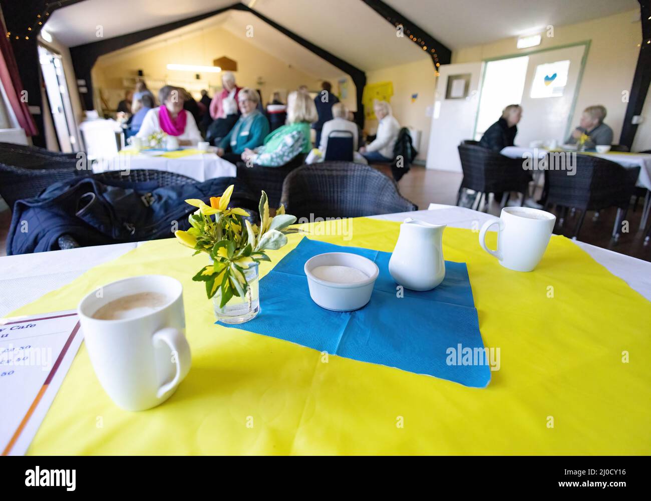Ukraine Aid UK, for the Ukraine conflict; Charity coffee morning fundraising for Ukraine refugee relief, Stetchworth village hall, Cambridgeshire UK Stock Photo
