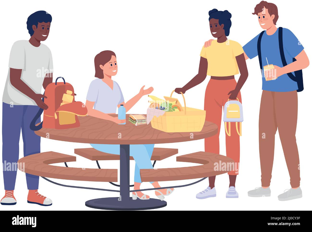 Friends meeting for picnic semi flat color vector characters Stock ...