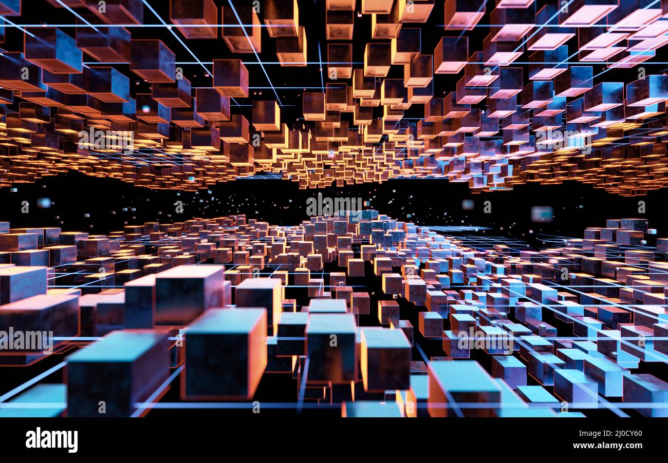 Cubic cyberpunk space, conceptual geometry background, 3d rendering ...