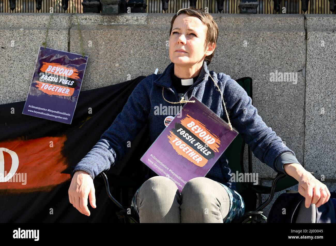 18th March 2022. London, UK. The Reverand Vanessa Aston joined Christian Climate Actions "Beyond Fossil Fuels Together" vigil and fast outside the Houses of Parliament, Parliament Square, Westminster. Credit: michael melia/Alamy Live News Stock Photo