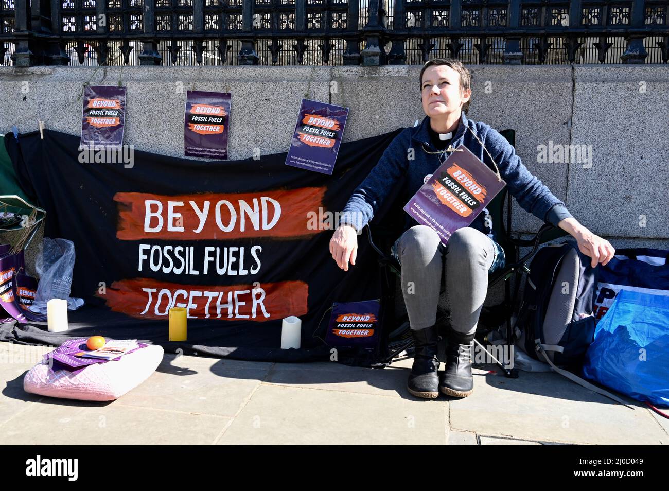 18th March 2022. London, UK. The Reverand Vanessa Aston joined Christian Climate Actions "Beyond Fossil Fuels Together" vigil and fast outside the Houses of Parliament, Parliament Square, Westminster. Credit: michael melia/Alamy Live News Stock Photo