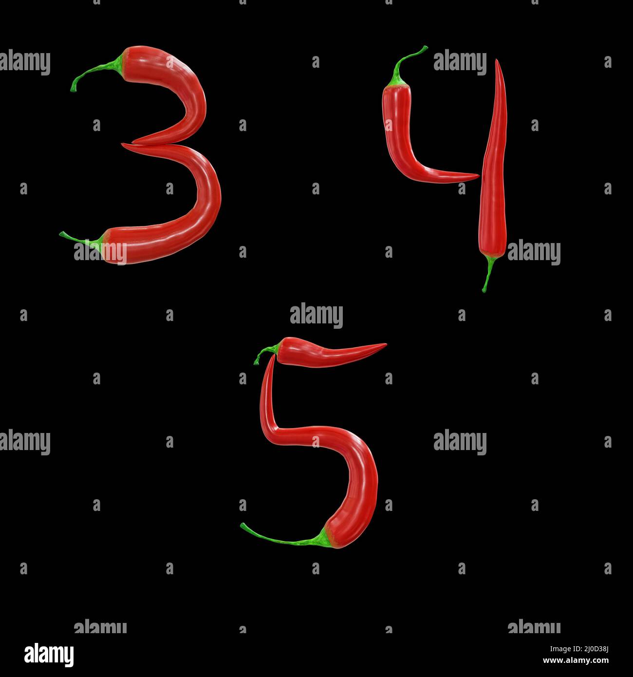 3D rendering of red chilli pepper capital letters alphabet digits 35