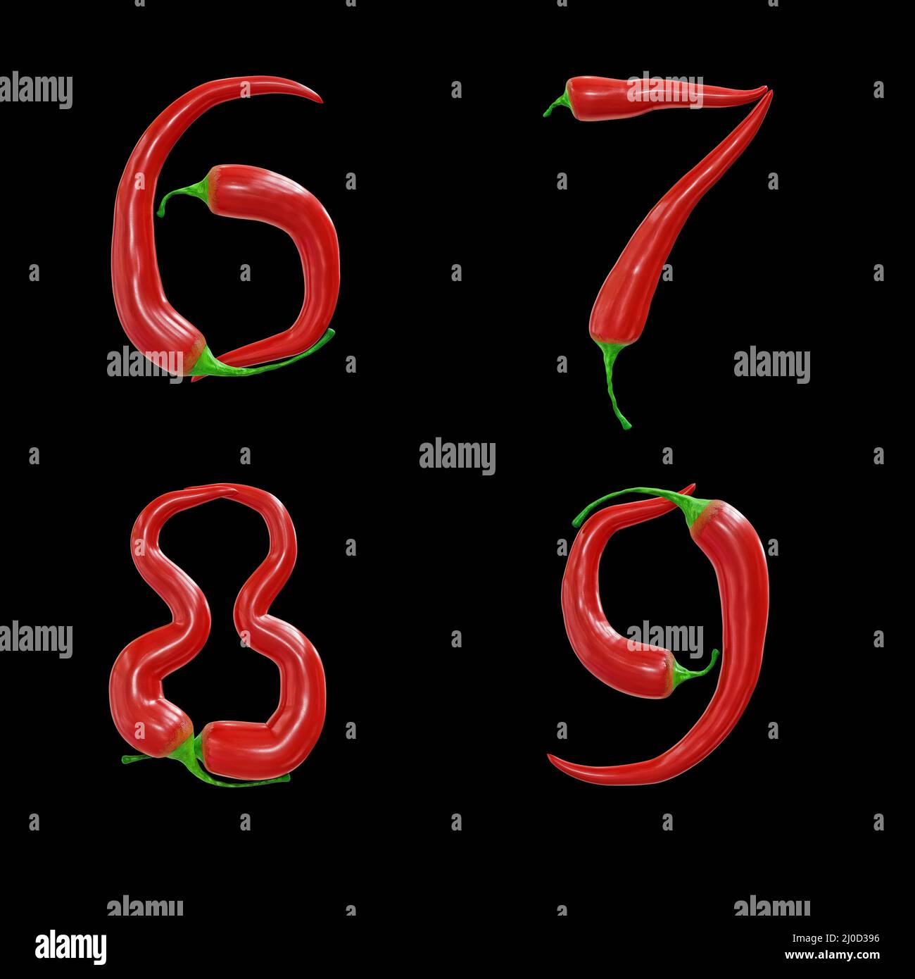 3D rendering of red chilli pepper capital letters alphabet digits 69