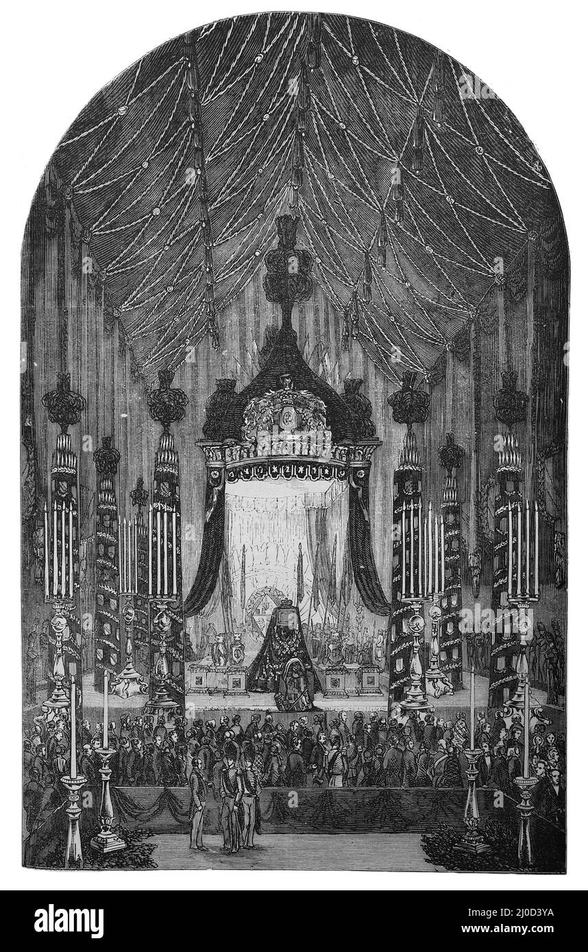 The Lying in State of the Duke of Wellington in the State Room of the Chelsea Hospital, London, 1852, Black and White Illustration Stock Photo