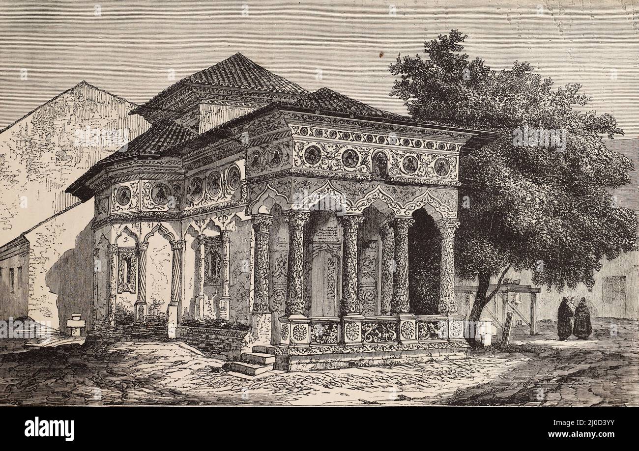 Stavropoleos Church in Bucharest, Romania, 19th Century Black and White Illustration Stock Photo