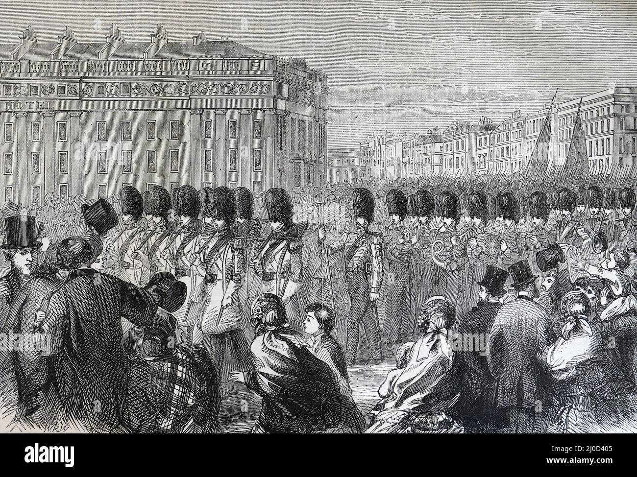 British Guards parading through London, leaving for the Crimea, 1854. Black and White Illustration Stock Photo