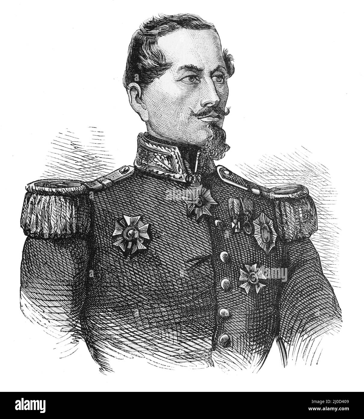 Portrait of Marshal Armand-Jacques Leroy de Saint-Arnaud, Commander-in-Chielf of the French Army of the East during the Crimean War; Black and White Illustration Stock Photo