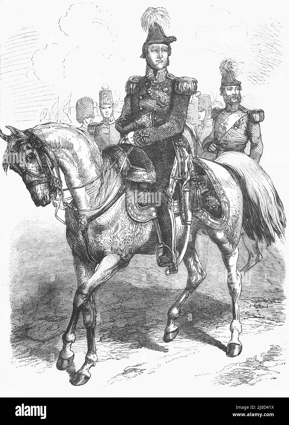 Field Marshal FitzRoy James Henry Somerset, 1st Baron Raglan and staff, commander of the British troops sent to the Crimea in 1854; Black and White Illustration Stock Photo