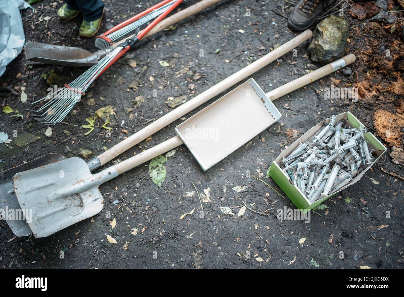 volunteer cleaning up park from used syringe by drug addicted junkies Stock Photo