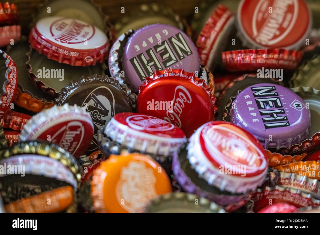 Classic soft drink bottle caps at Jaemor Farms in Alto, Georgia. (USA) Stock Photo