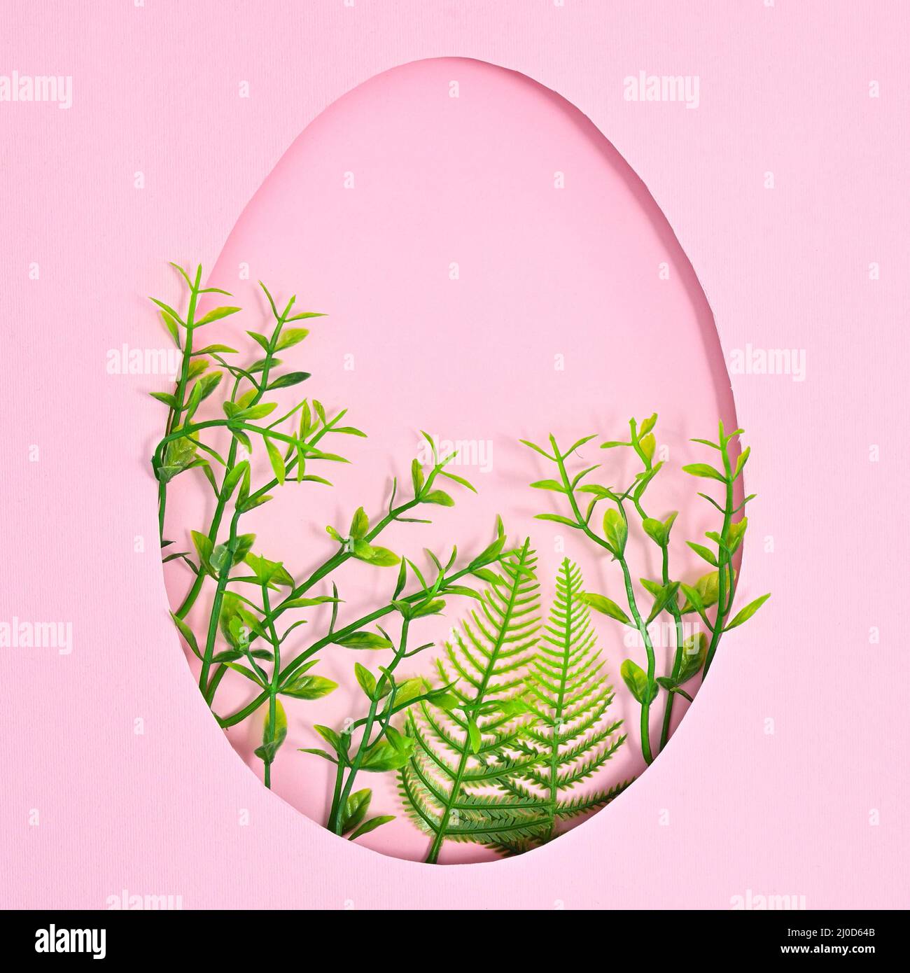 Easter creative concept. Egg shape with natural green plants on pastel pink background. Flat lay Stock Photo