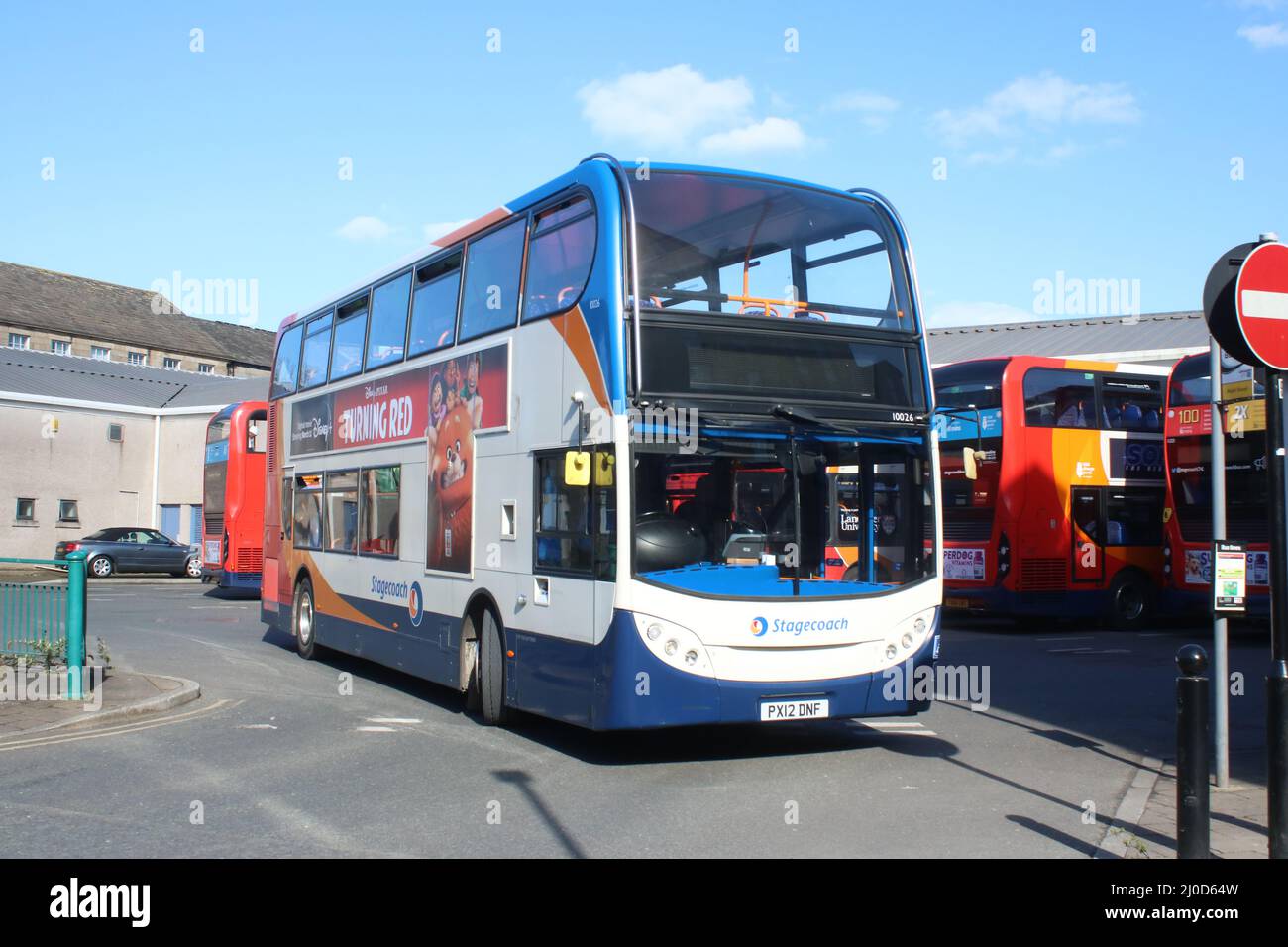 Alexander Dennis Enviro 400 double deck bus in Stagecoach old livery, operated by Stagecoach leaving Lancaster bus station on 18th March 2022. Stock Photo