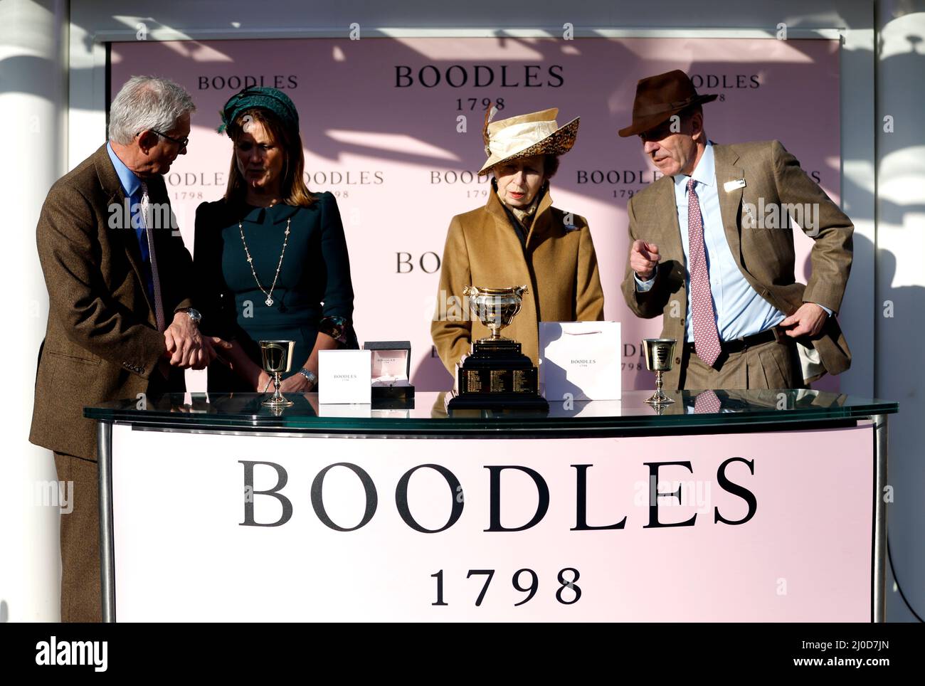 The Princess Royal prior to presenting the Gold Cup to jockey Rachael Blackmore (not pictured) after winning the Boodles Cheltenham Gold Cup Chase during day four of the Cheltenham Festival at Cheltenham Racecourse. Picture date: Friday March 18, 2022. Stock Photo