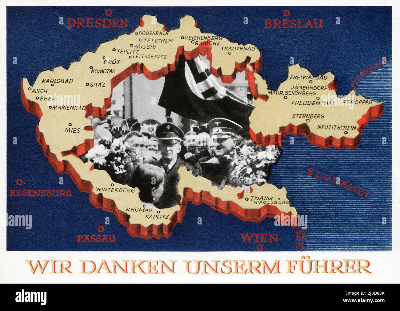 German Nazi propaganda - Postal stationary - P 275 - back - German Empire map. Wir Danken Unserm Führer. Stock Photo