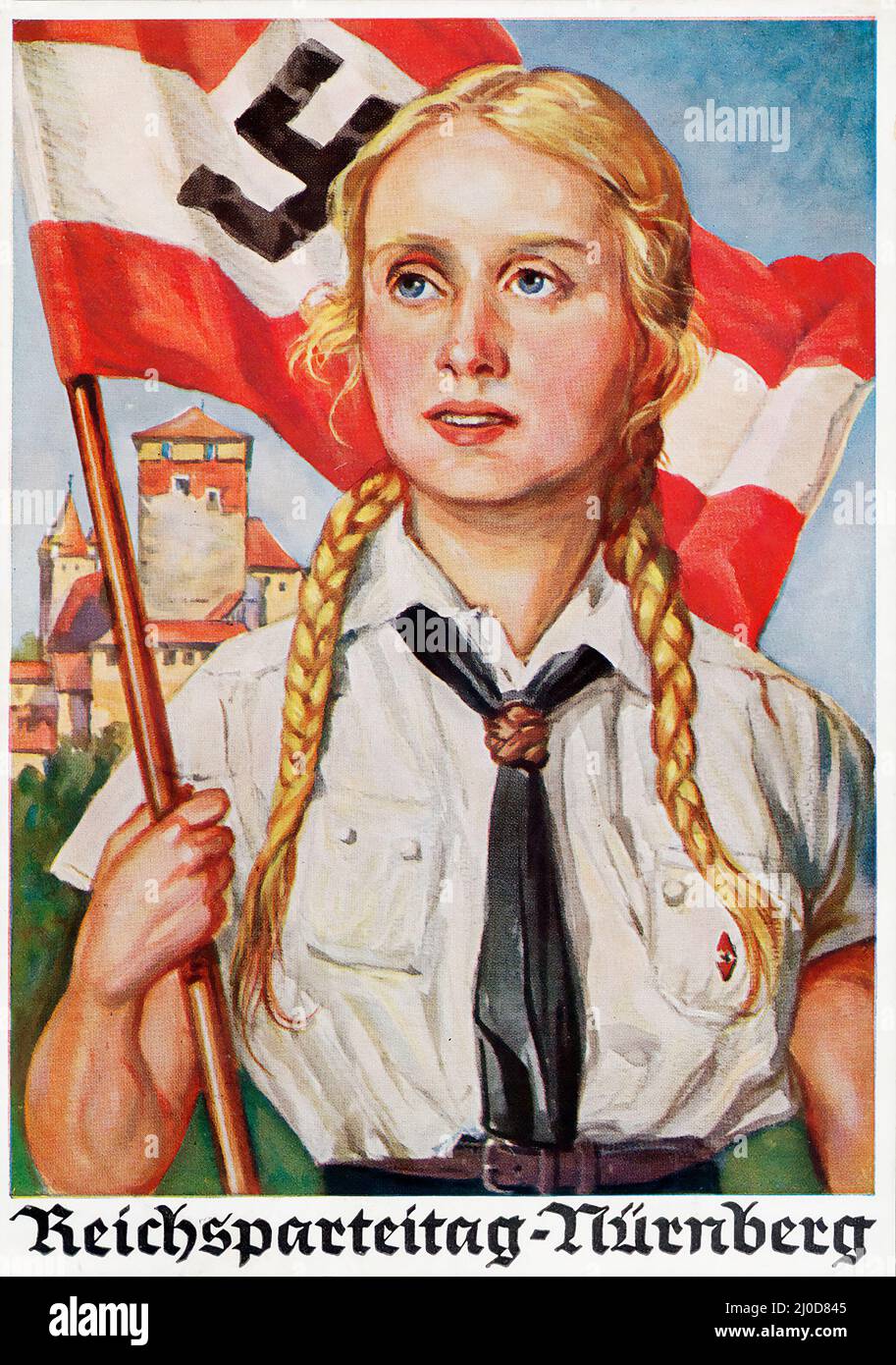 German Nazi propaganda - Reichsparteitag Nürnberg Postkarte Ansichtskarte, blonde Nazi girl - postcard 1936 - Artwork by Richard Borrmeister. Stock Photo