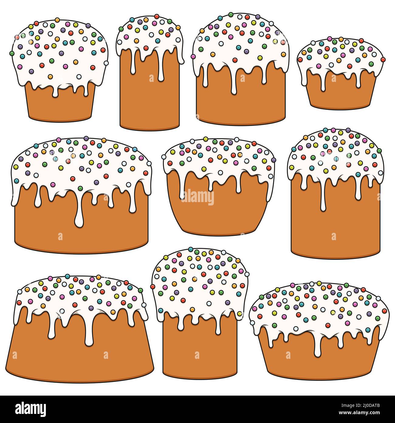 Set of color illustrations with Easter cakes. Isolated vector objects on a white background. Stock Vector