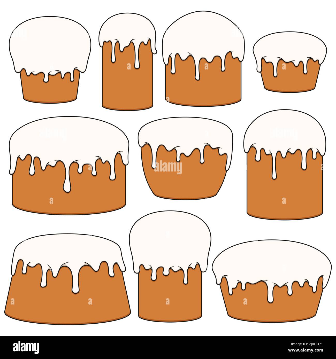 Set of color illustrations with Easter cakes. Isolated vector objects on a white background. Stock Vector