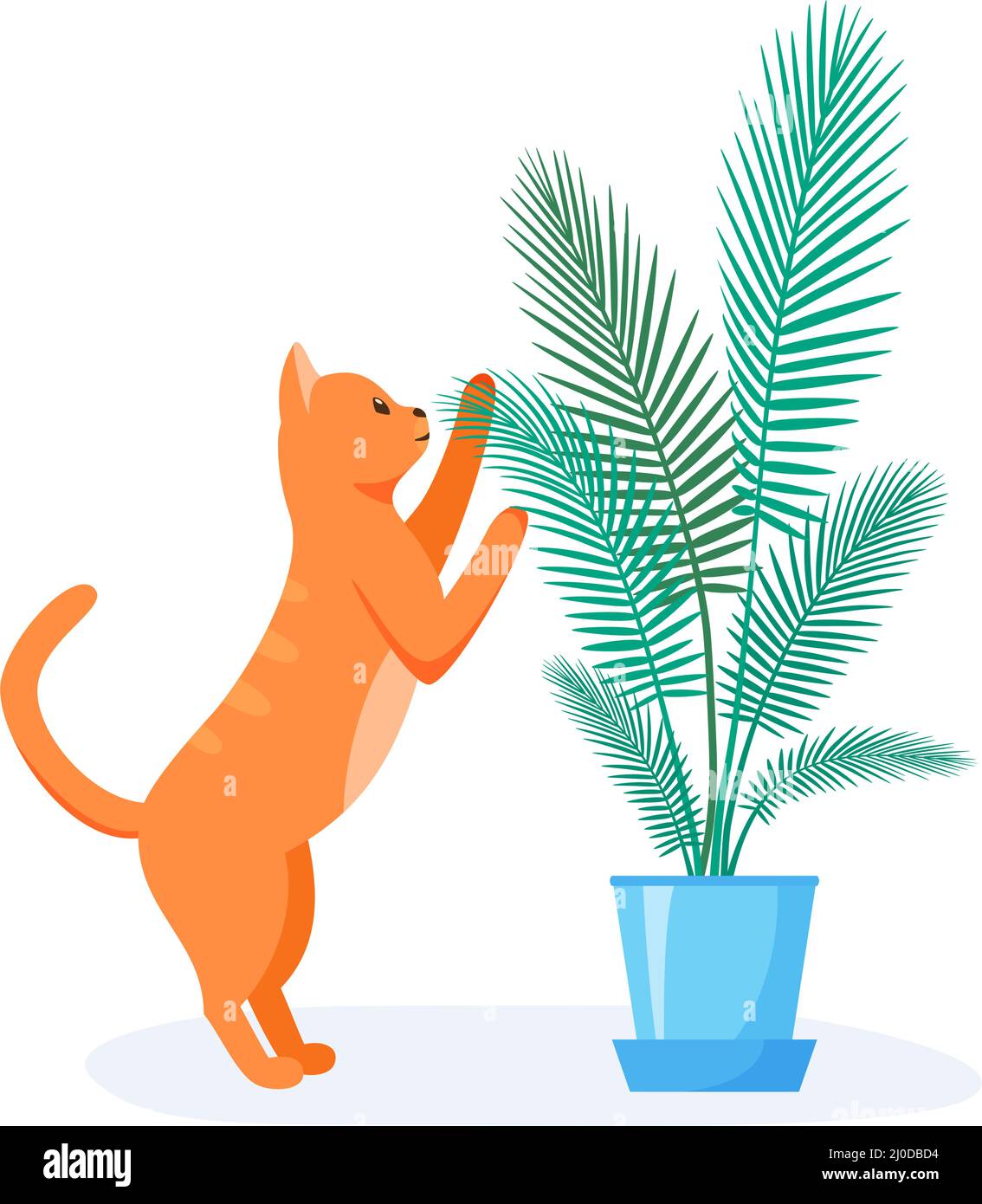 Naughty red cat trying to eat home plant. Badly behaved pet destroying