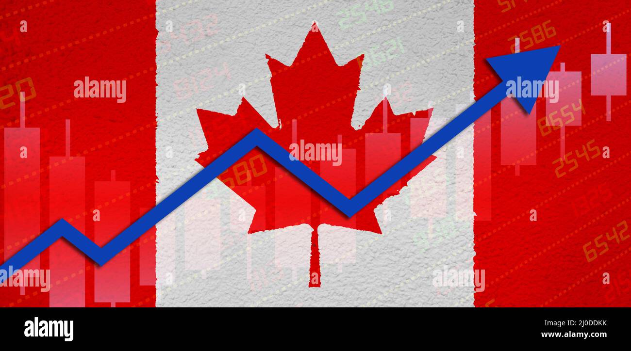 Economic recovery with stock market chart arrow up in positive territory over Canadian flag painted on wall. Business and financial money market uptur Stock Photo