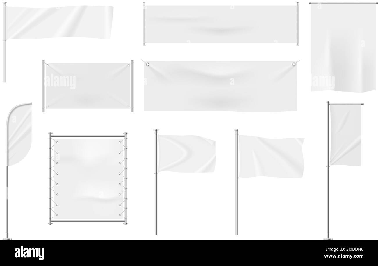 Realistic white textile banners, blank waving flags on flagpoles. Hanging flags, pennant banner, fabric signboard for advertising vector set. Empty template for promotion or announcement Stock Vector