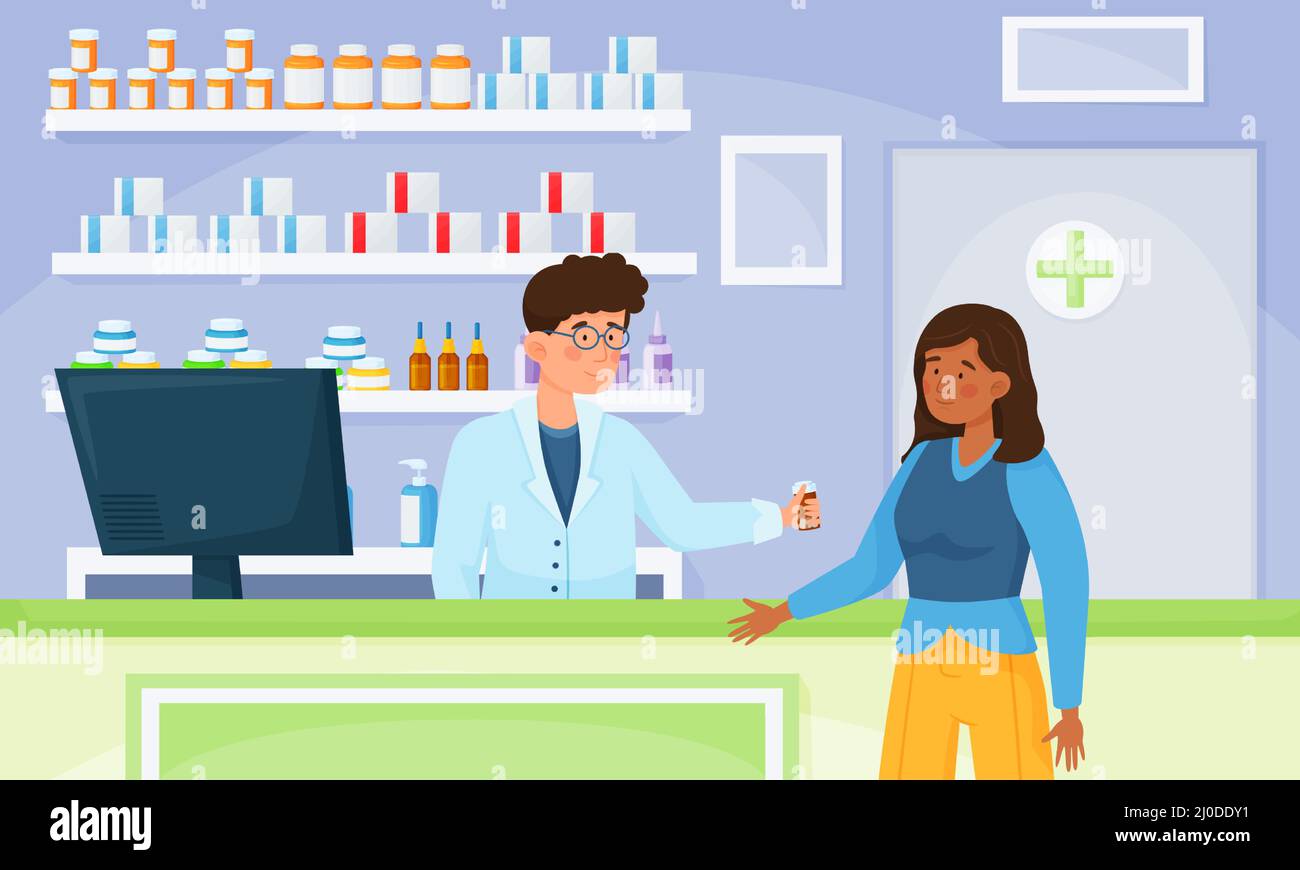 Pharmacist at counter consulting customer, woman in pharmacy shop. Female  customer buying medicine in drugstore cartoon vector illustration. Selling  pills or drugs in bottle, shelves with medication Stock Vector Image & Art -
