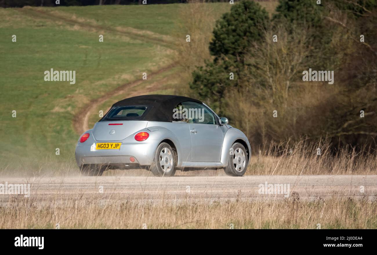 silver soft top VW beetle convertible convertible car with a black dog