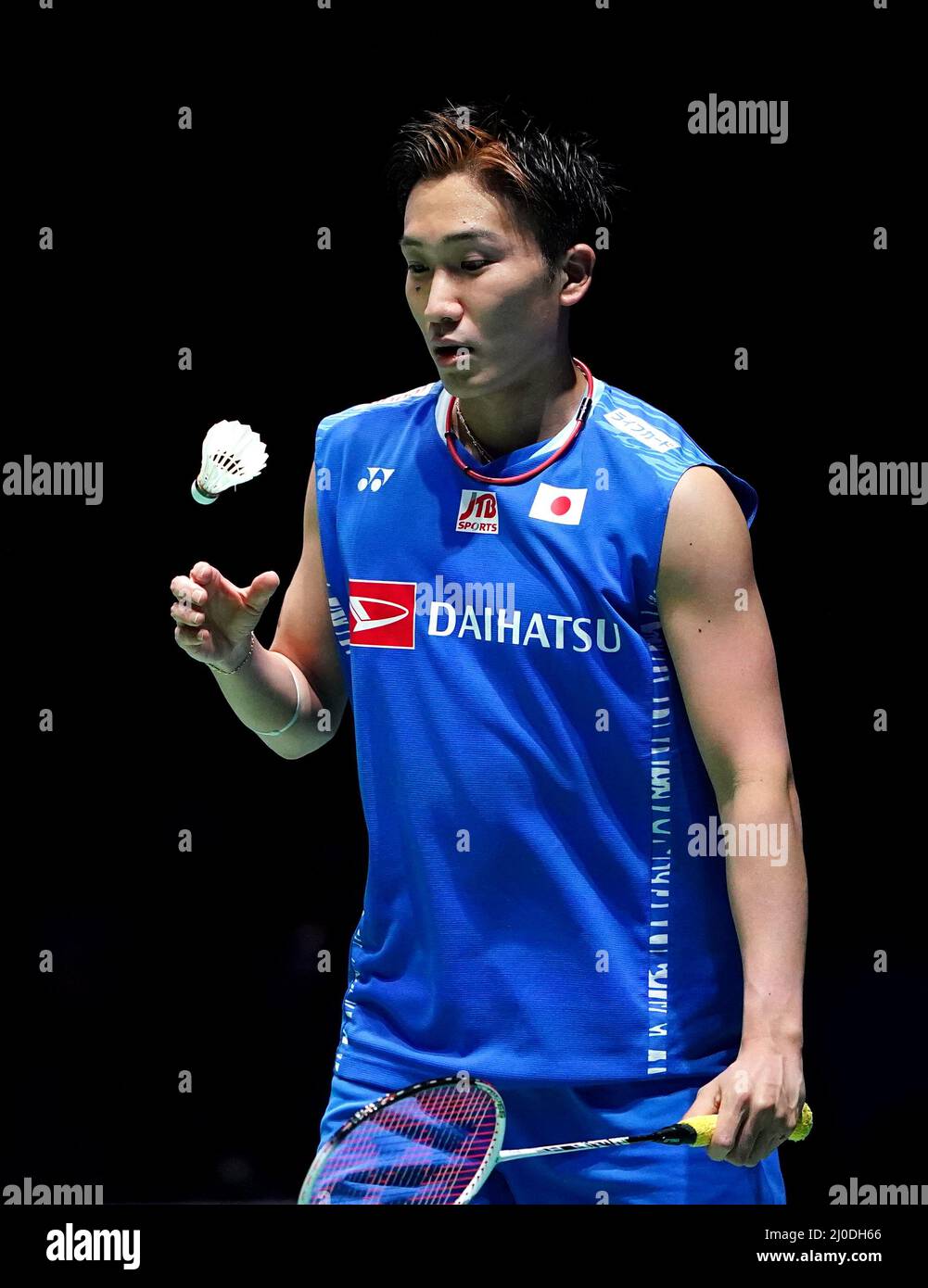 Japans Kento Momota in action against Malaysias Lee Zii Jia during day three of the YONEX All England Open Badminton Championships at the Utilita Arena Birmingham